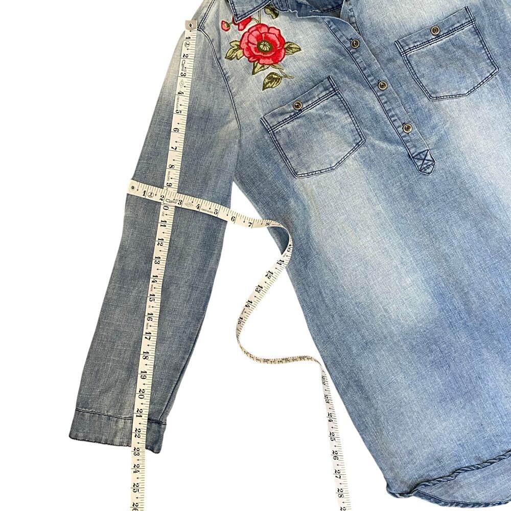 En Creme Womens S Embroidered Floral Chambray Denim Shirt Tunic Long Sleeve - Picture 9 of 14